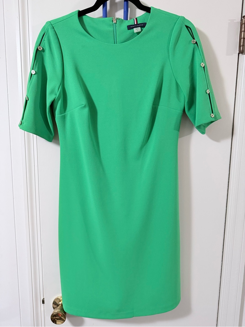 Tommy Hilfiger Emerald Green Short Sleeve Sheath Dress with Button Trim, Size 4